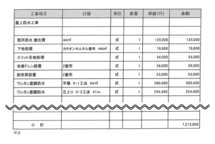 ビル屋上　ウレタン防水工事の見積もり明細